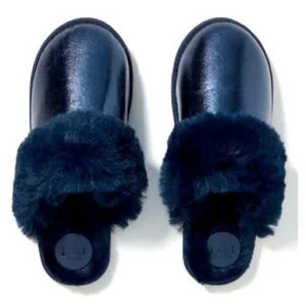 Anthropologie Blue Metallic Fuzzy Slippers Medium 7/8